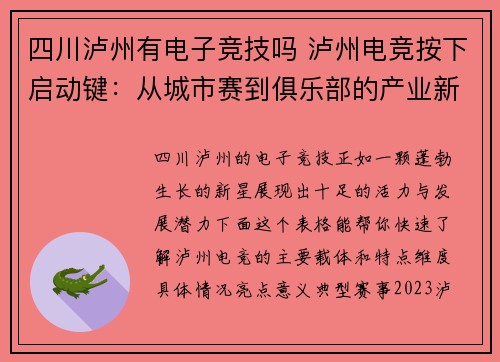 四川泸州有电子竞技吗 泸州电竞按下启动键：从城市赛到俱乐部的产业新篇